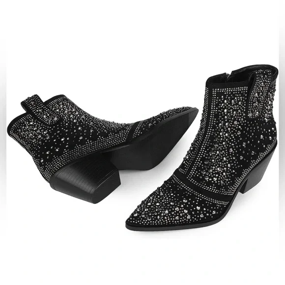 ISNOM Women's Rhinestone Cowgirl Boots Sparkly Ankle Boots Western Boots 10 NEW - Picture 5 of 12
